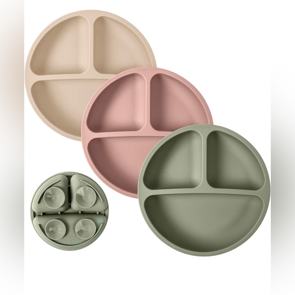 WeeSprout Silicone Plates • 3 Pack • Matte Green, Pink, Cream